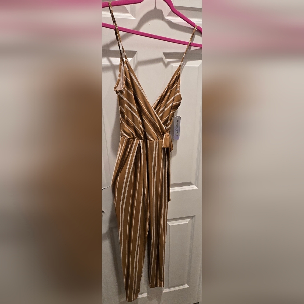 Derek Heart Tan and White Striped Jumpsuit
